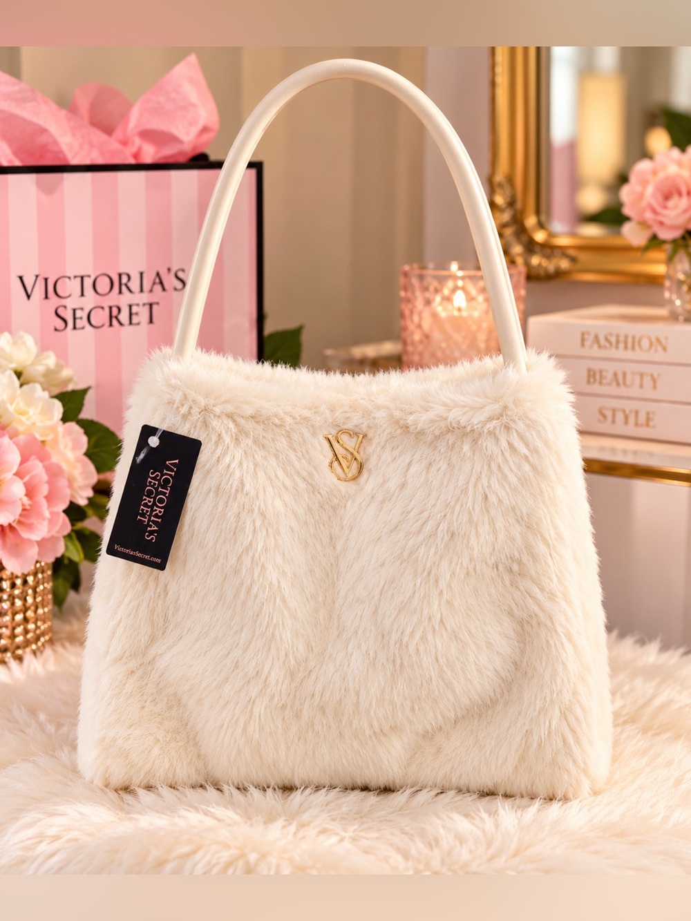 Victoria’s Secret Plush Faux-Fur Tote Bag Cream/Ivory NWT